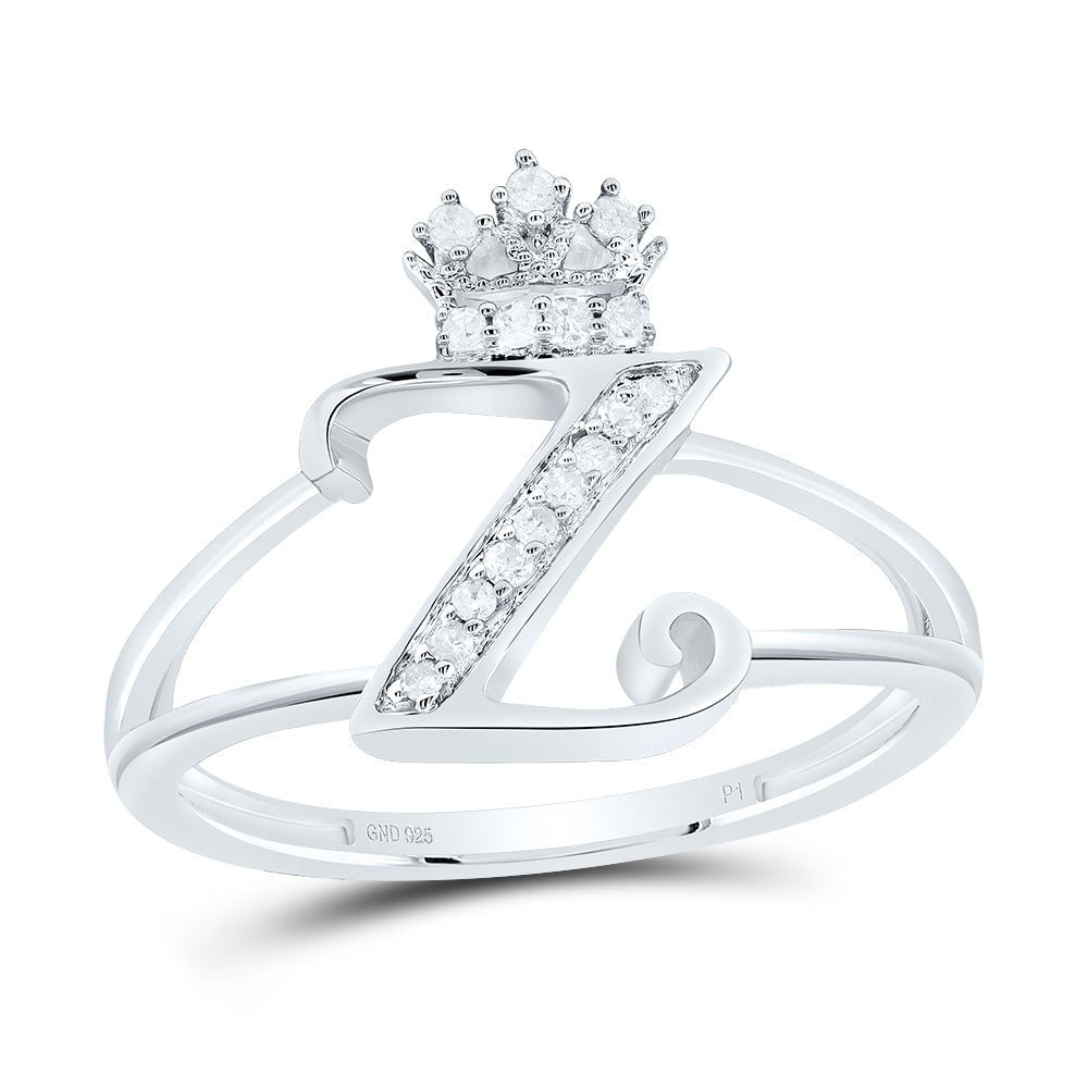Sterling Silver Diamond Initial "Z" Crown Women's Ring 1/10 Cttw - Splendid Jewellery