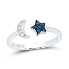 Sterling Silver Round Blue Color Enhanced Star Crescent Moon Bisected Band Ring 1/10 Cttw - Splendid Jewellery