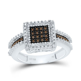 Sterling Silver Round Brown Diamond Square Cluster Ring 1/6 Cttw - Splendid Jewellery