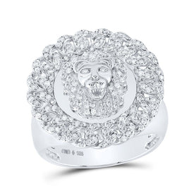 Sterling Silver Round Diamond Lion Face In Cubain Circle Mens Ring 3/4 Cttw - Splendid Jewellery