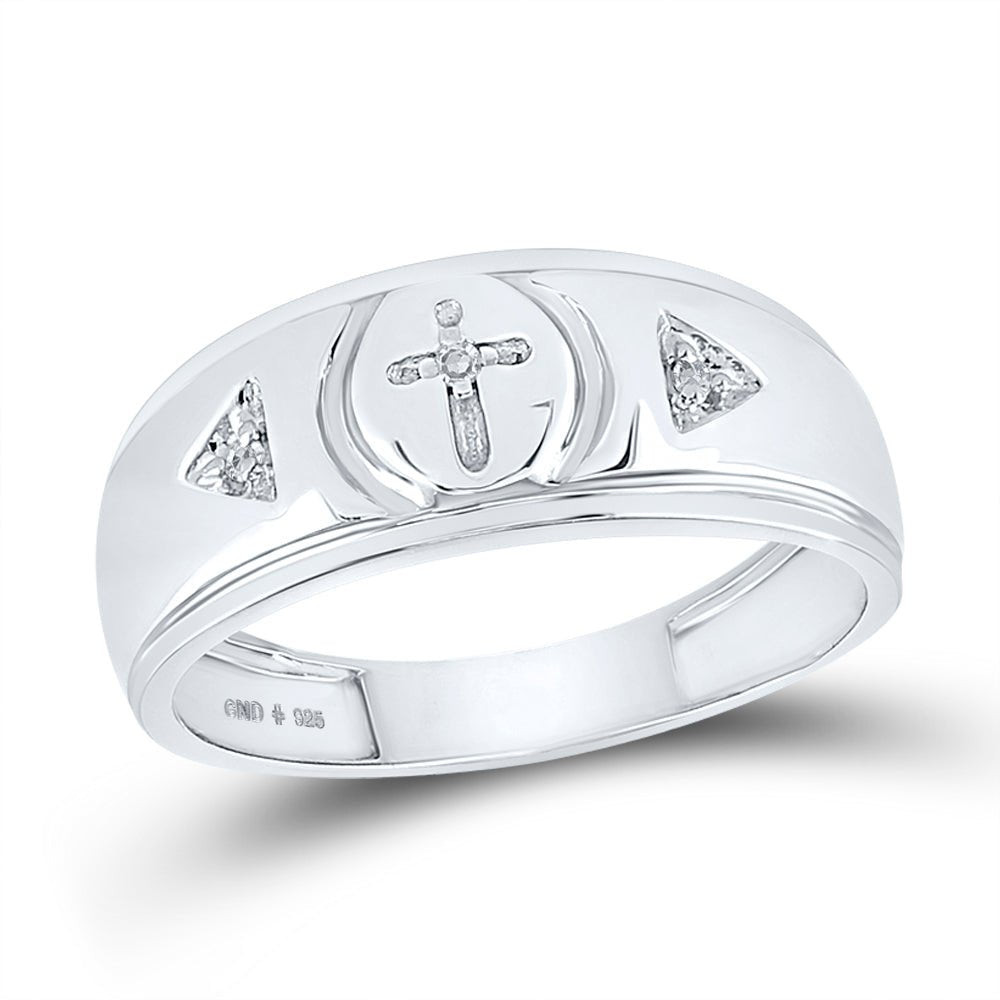 Sterling Silver Round Diamond Men's Cross Wedding Band Ring 1/20 Cttw - Splendid Jewellery