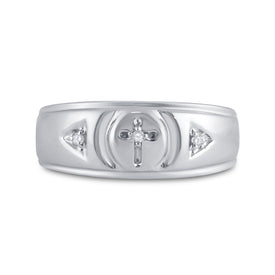 Sterling Silver Round Diamond Men's Cross Wedding Band Ring 1/20 Cttw - Splendid Jewellery