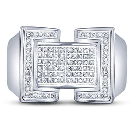 Sterling Silver Round Diamond Mens Domed Rectangle Cluster Ring 1/8 Cttw - Splendid Jewellery