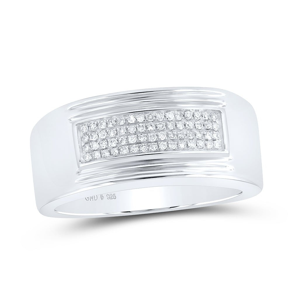 Sterling Silver Round Diamond Mens Rectangle Cluster Band Ring 1/6 Cttw - Splendid Jewellery
