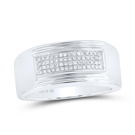 Sterling Silver Round Diamond Mens Rectangle Cluster Band Ring 1/6 Cttw - Splendid Jewellery