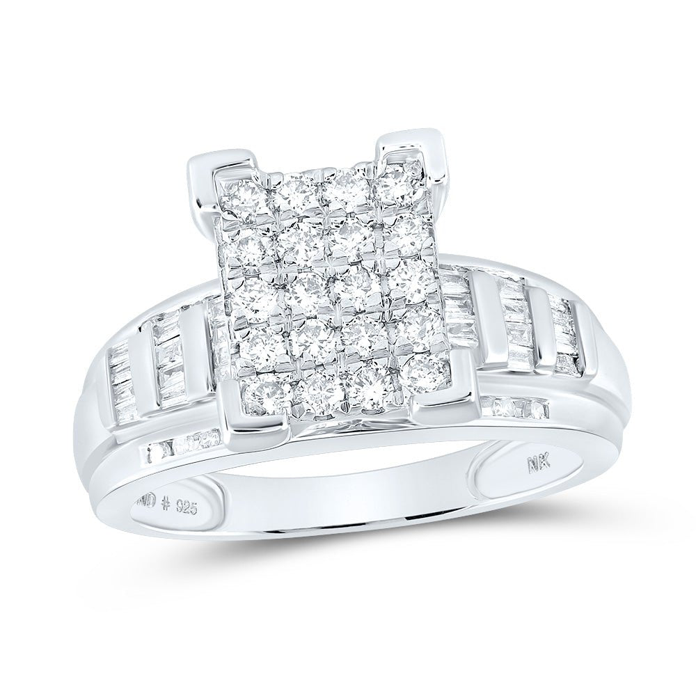 Sterling Silver Round Diamond Rectangle Cluster Bridal Wedding Engagement Ring 1 Cttw - Splendid Jewellery