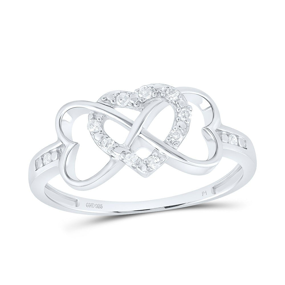 Sterling Silver Round Diamond Triple Heart Ring 1/10 Cttw - Splendid Jewellery