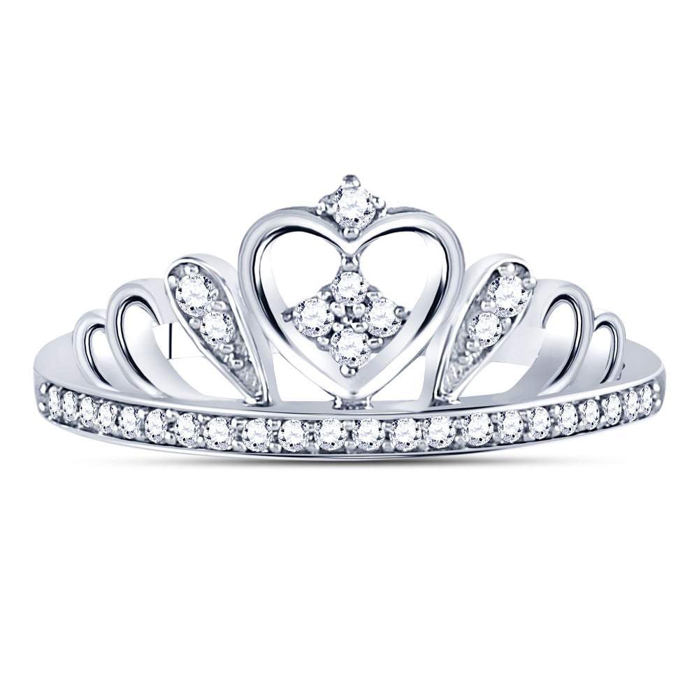 Sterling Silver Round Diamond Women's Crown Tiara Heart Ring 1/6 Cttw - Splendid Jewellery
