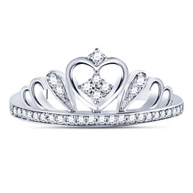 Sterling Silver Round Diamond Women's Crown Tiara Heart Ring 1/6 Cttw - Splendid Jewellery