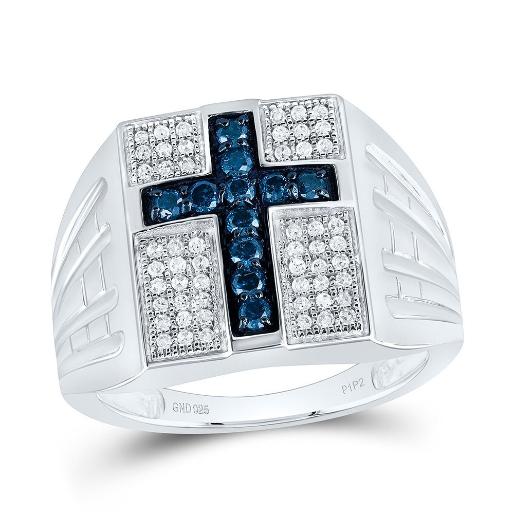 Sterling Silver Round Mens Blue Color Enhanced Cross Religious Ring 1/2 Cttw - Splendid Jewellery