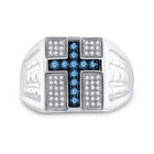 Sterling Silver Round Mens Blue Color Enhanced Cross Religious Ring 1/2 Cttw - Splendid Jewellery