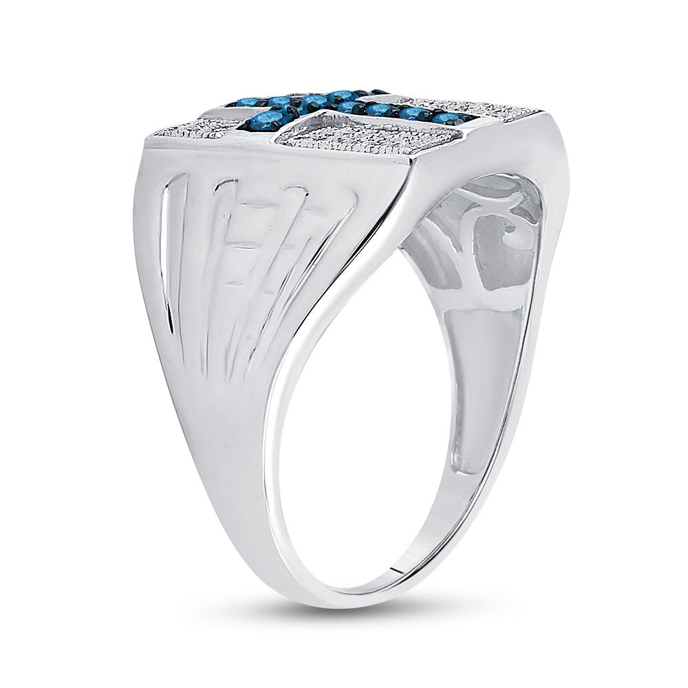 Sterling Silver Round Mens Blue Color Enhanced Cross Religious Ring 1/2 Cttw - Splendid Jewellery