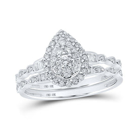 Teardrop Sparkle: 10kt White Gold Round Diamond Bridal Wedding Ring Band Set - Splendid Jewellery