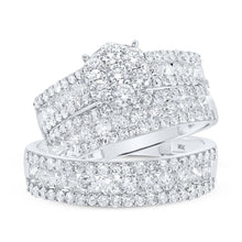 Load image into Gallery viewer, The Dazzling Love Story: 14kt White Gold His Hers Round Diamond Cluster Wedding Set - Top View
