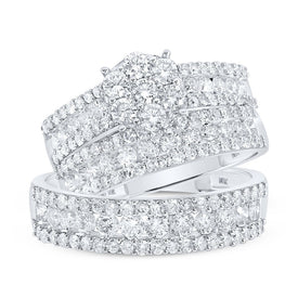 The Dazzling Love Story: 14kt White Gold His Hers Round Diamond Cluster Wedding Set - Top View