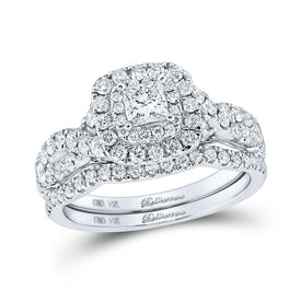 The Majestic Brilliance 14kt White Gold Princess Diamond Halo Bridal Wedding Ring Band Set - Splendid Jewellery