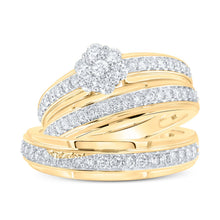 Load image into Gallery viewer, The Radiant Love 10kt Yellow Gold His Hers Diamond Cluster Wedding Set Top view from the 10Kt Yellow Gold His Hers Round Diamond Cluster Matching Wedding Set 1 Cttwpin213534 collection by Splendid Jewellery
