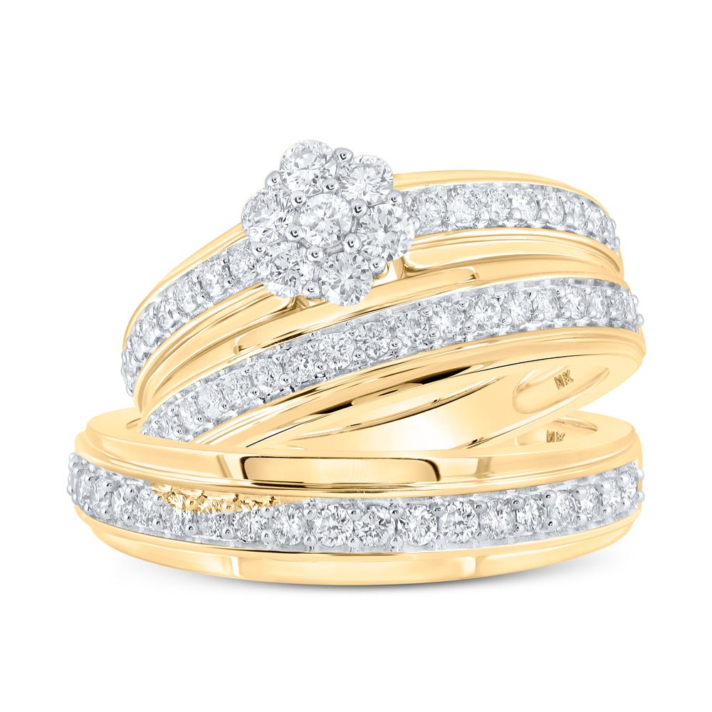 The Radiant Love 10kt Yellow Gold His Hers Diamond Cluster Wedding Set Top view from the 10Kt Yellow Gold His Hers Round Diamond Cluster Matching Wedding Set 1 Cttwpin213534 collection by Splendid Jewellery