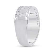Load image into Gallery viewer, The Regal Unity Ring: 14kt White Gold Mens Round Diamond Wedding Cross Band Ring 1/4 Cttw - Side View