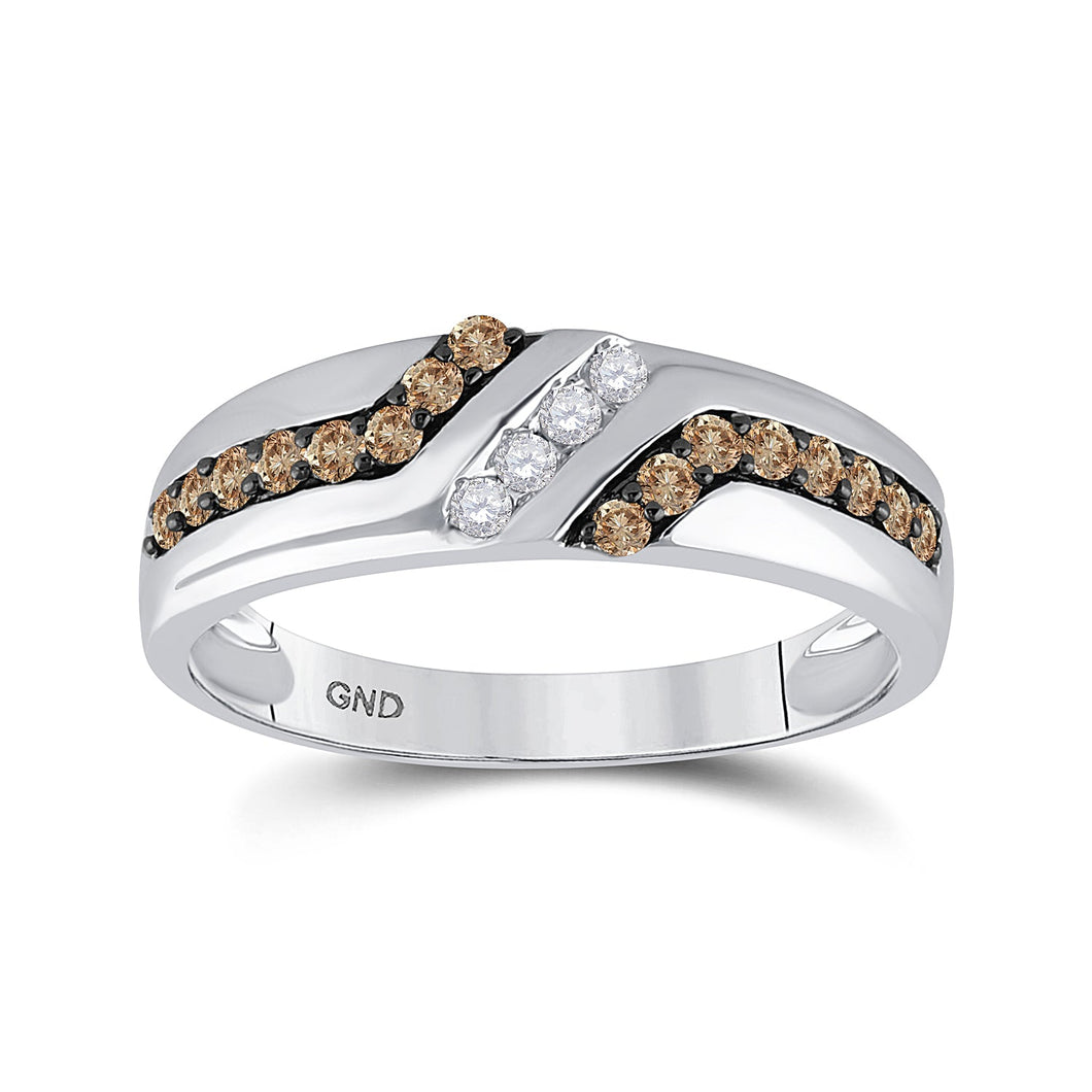 Timeless Elegance: 10kt White Gold Men's Brown Diamond Wedding Band Ring - Splendid Jewellery