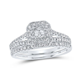 Timeless Elegance: 14kt White Gold Emerald Diamond Halo Bridal Wedding Ring Band Set - Splendid Jewellery