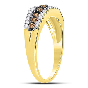 Triple Row Brown and White Diamond Band | 10kt Yellow Gold Women's Ring 1/2 Cttw - Splendid Jewellery