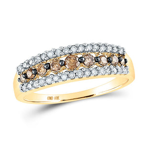 Triple Row Brown and White Diamond Band | 10kt Yellow Gold Women's Ring 1/2 Cttw - Splendid Jewellery