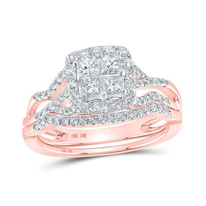 Wedding Collection | 10kt Rose Gold Princess Diamond Square Bridal Wedding Ring Band Set 1 Cttw | Splendid Jewellery GND