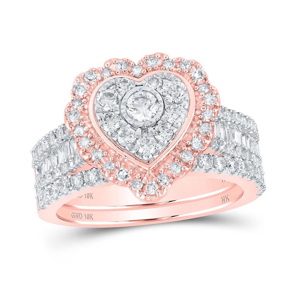 Wedding Collection | 10kt Rose Gold Round Diamond Heart Bridal Wedding Ring Band Set 1-1/2 Cttw | Splendid Jewellery GND