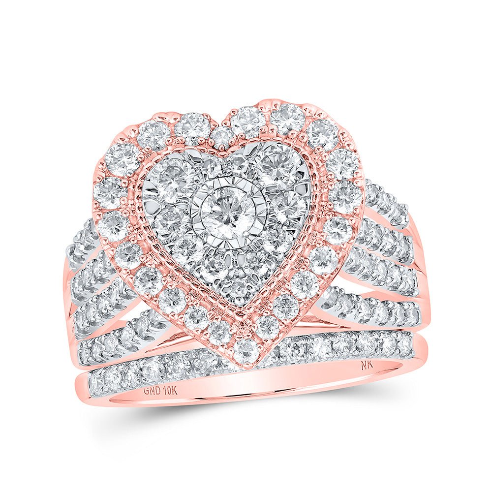 Wedding Collection | 10kt Rose Gold Round Diamond Heart Bridal Wedding Ring Band Set 1-1/2 Cttw | Splendid Jewellery GND