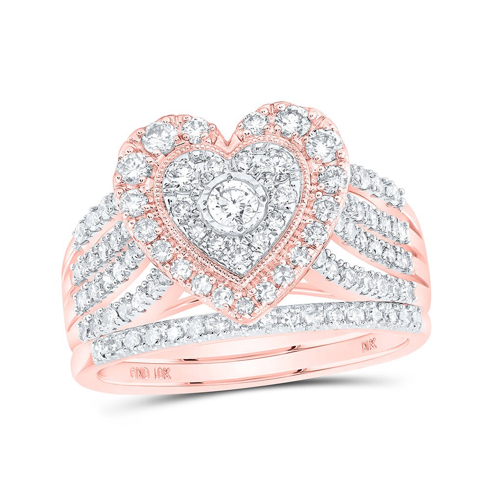 Wedding Collection | 10kt Rose Gold Round Diamond Heart Bridal Wedding Ring Band Set 1 Cttw | Splendid Jewellery GND