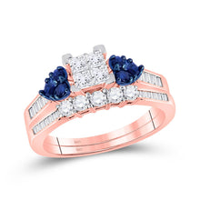 Load image into Gallery viewer, Regal Rose: 10kt Rose Gold Princess Diamond Blue Sapphire Bridal Wedding Ring Band Set - Alternate view 1 from Splendid Jewellery