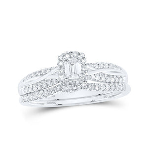 Wedding Collection | 10kt White Gold Emerald Diamond Halo Bridal Wedding Ring Band Set 1/2 Cttw | Splendid Jewellery GND