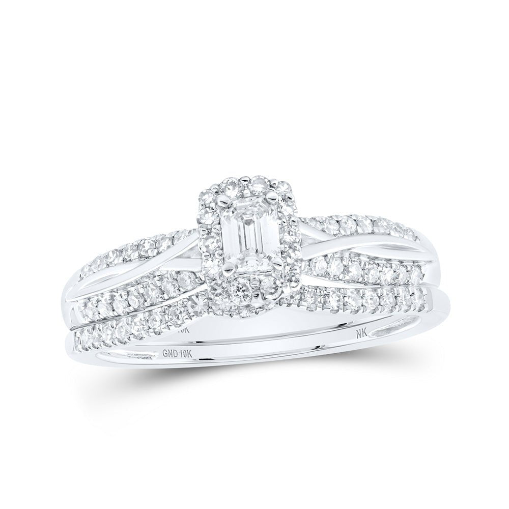 Wedding Collection | 10kt White Gold Emerald Diamond Halo Bridal Wedding Ring Band Set 1/2 Cttw | Splendid Jewellery GND