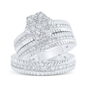 Wedding Collection | 10kt White Gold His Hers Round Diamond Cluster Matching Wedding Set 1 Cttw | Splendid Jewellery GND