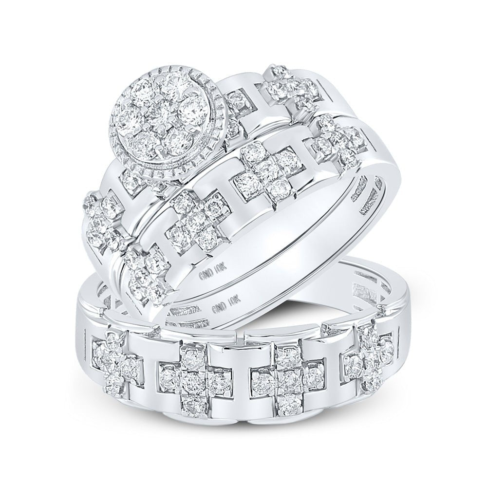 Wedding Collection | 10kt White Gold His Hers Round Diamond Cluster Matching Wedding Set 1 Cttw | Splendid Jewellery GND