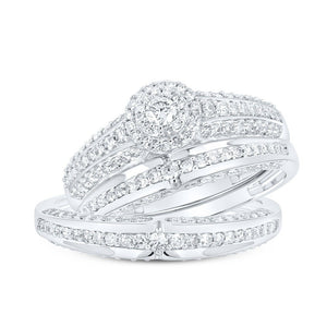 Wedding Collection | 10kt White Gold His Hers Round Diamond Halo Matching Wedding Set 1 Cttw | Splendid Jewellery GND