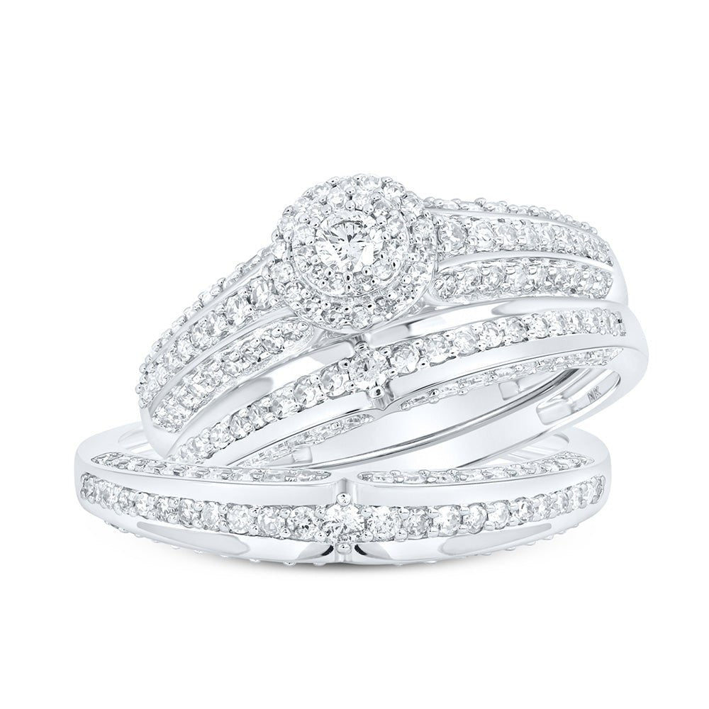 Wedding Collection | 10kt White Gold His Hers Round Diamond Halo Matching Wedding Set 1 Cttw | Splendid Jewellery GND