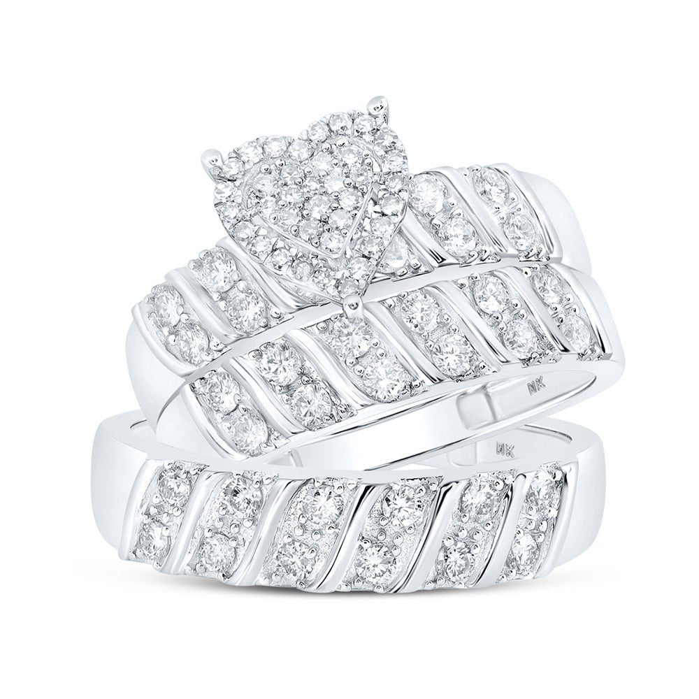 Wedding Collection | 10kt White Gold His Hers Round Diamond Heart Matching Wedding Set 1 Cttw | Splendid Jewellery GND