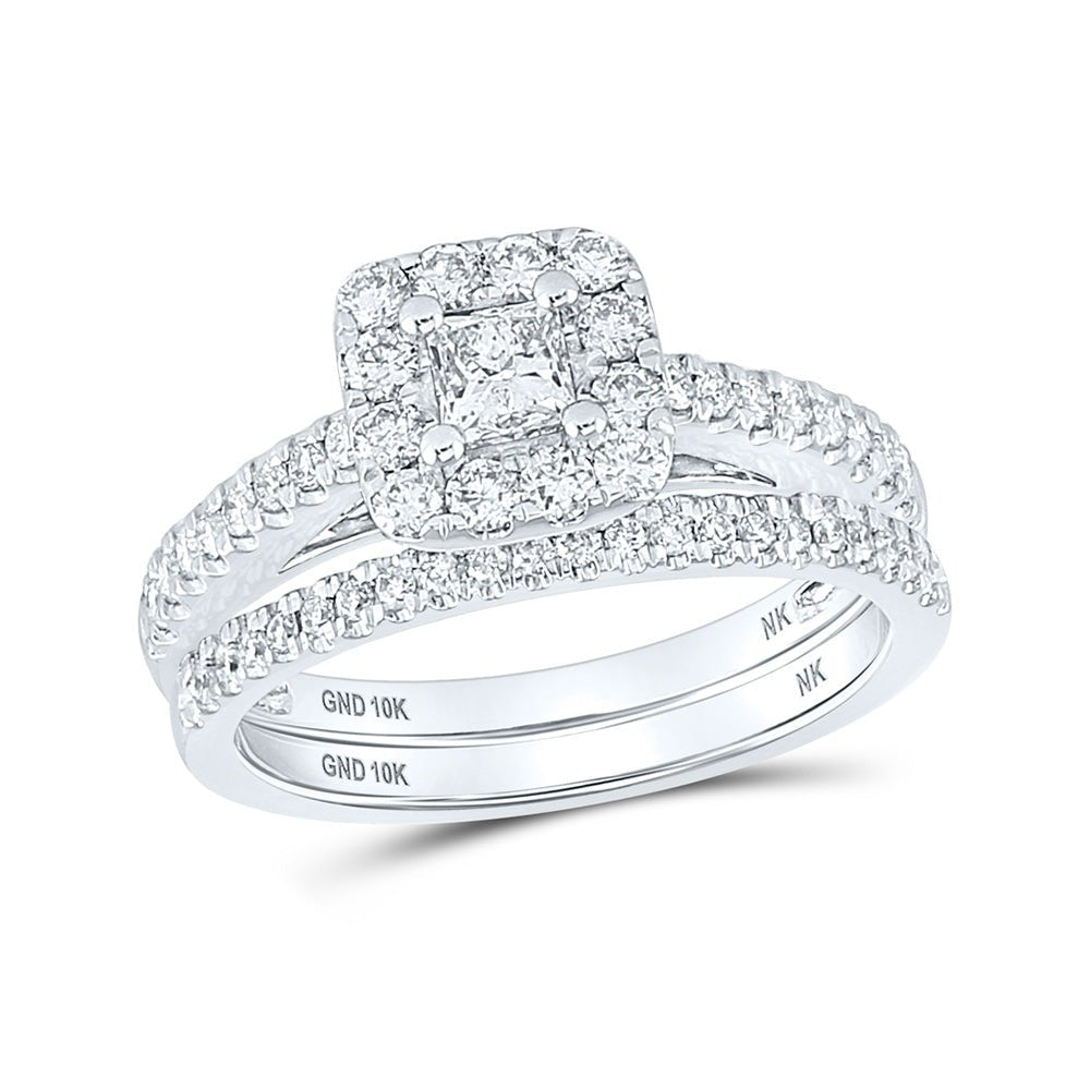 Wedding Collection | 10kt White Gold Princess Diamond Halo Bridal Wedding Ring Band Set 1 Cttw | Splendid Jewellery GND