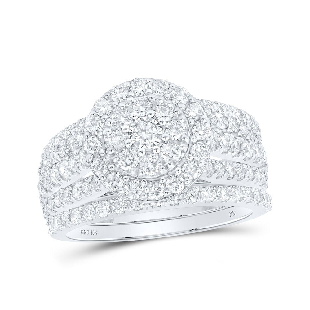 Wedding Collection | 10kt White Gold Round Diamond Cluster Bridal Wedding Ring Band Set 1-7/8 Cttw | Splendid Jewellery GND