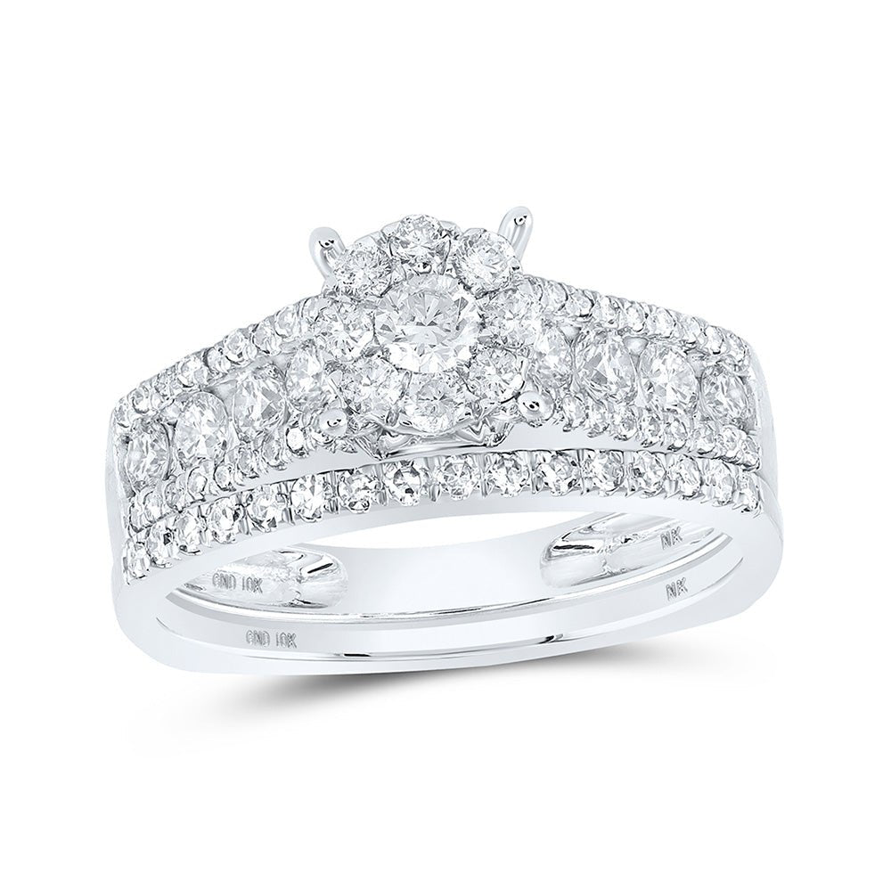 Wedding Collection | 10kt White Gold Round Diamond Cluster Bridal Wedding Ring Band Set 1 Cttw | Splendid Jewellery GND