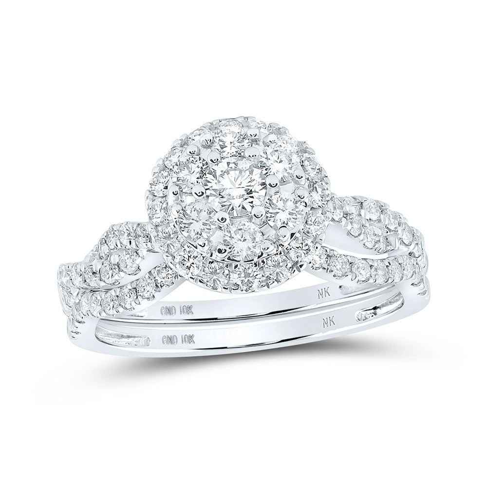 Wedding Collection | 10kt White Gold Round Diamond Cluster Bridal Wedding Ring Band Set 1 Cttw | Splendid Jewellery GND