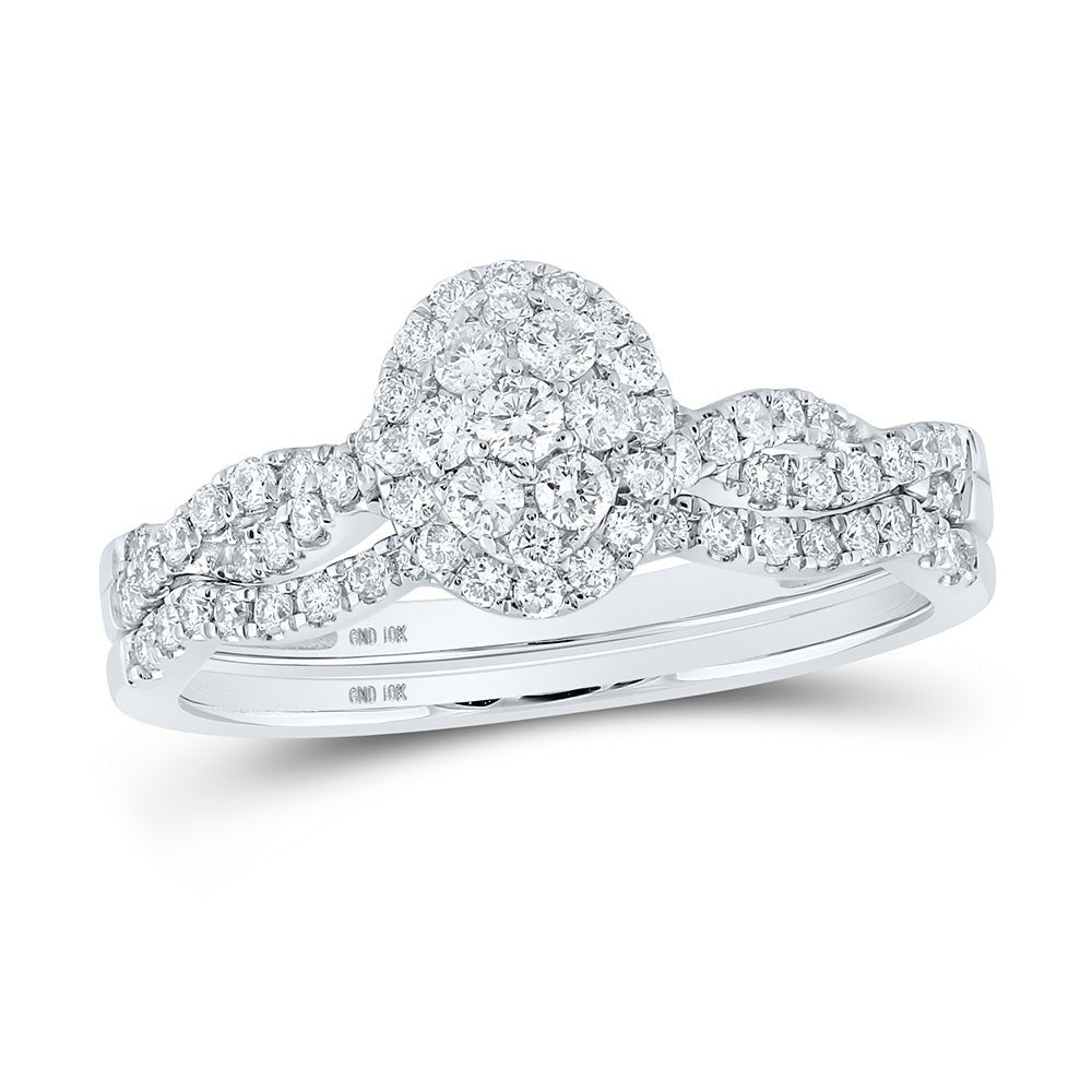 Wedding Collection | 10kt White Gold Round Diamond Cluster Bridal Wedding Ring Band Set 1/2 Cttw | Splendid Jewellery GND