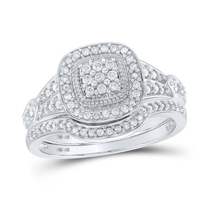 Wedding Collection | 10kt White Gold Round Diamond Cluster Bridal Wedding Ring Band Set 1/5 Cttw | Splendid Jewellery GND