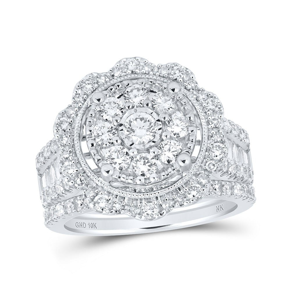 Wedding Collection | 10kt White Gold Round Diamond Cluster Bridal Wedding Ring Band Set 2 Cttw | Splendid Jewellery GND