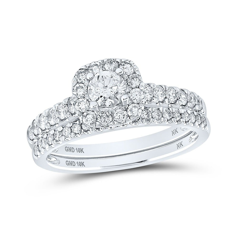Wedding Collection | 10kt White Gold Round Diamond Halo Bridal Wedding Ring Band Set 1 Cttw | Splendid Jewellery GND