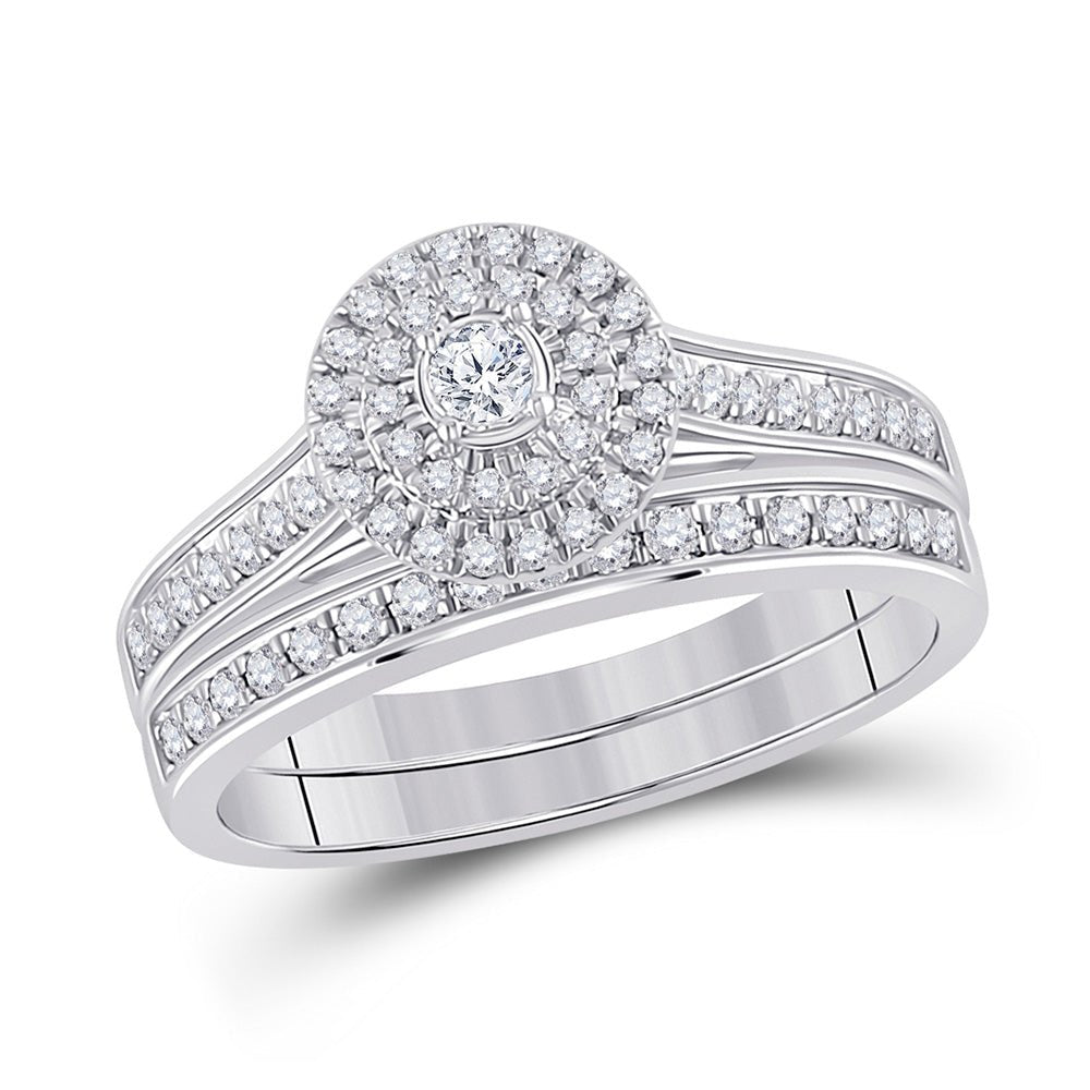 Wedding Collection | 10kt White Gold Round Diamond Halo Bridal Wedding Ring Band Set 1/2 Cttw | Splendid Jewellery GND