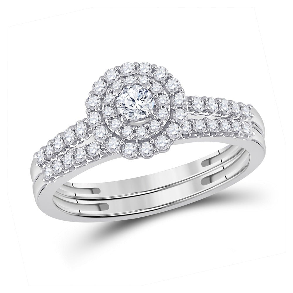 Wedding Collection | 10kt White Gold Round Diamond Halo Bridal Wedding Ring Band Set 1/2 Cttw | Splendid Jewellery GND