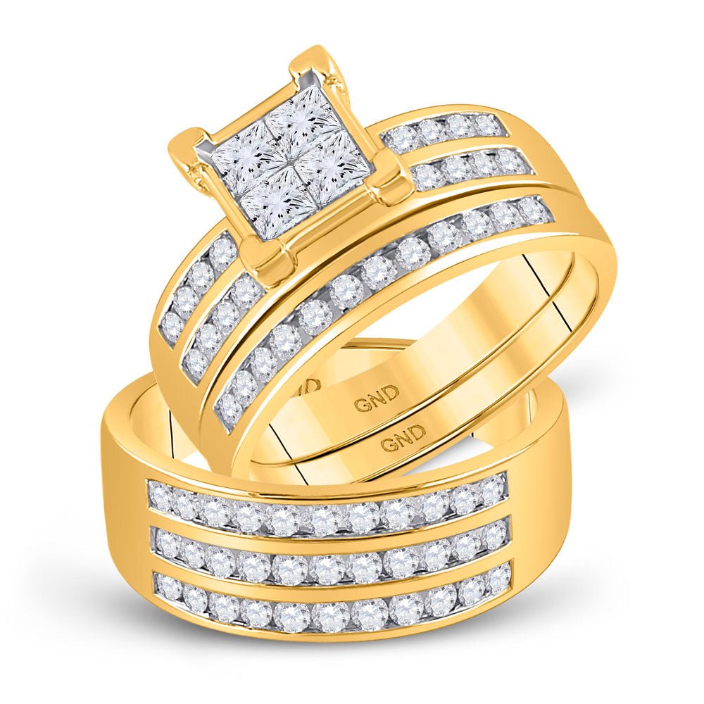 Wedding Collection | 10kt Yellow Gold His Hers Princess Diamond Cluster Matching Wedding Set 1-5/8 Cttw | Splendid Jewellery GND